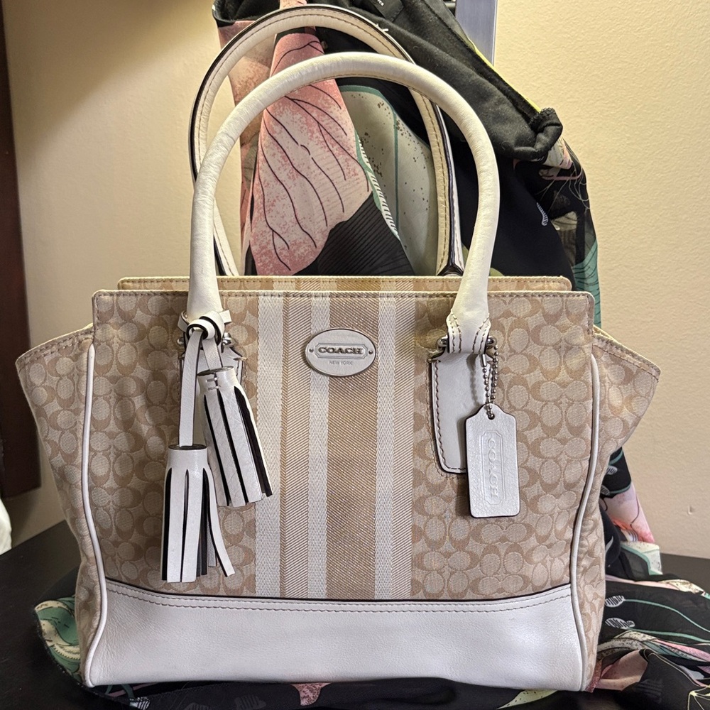 Coach Beige and White Signature Tote Bag